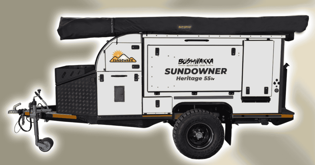 Sundowner Heritage 55iv off-road camper trailer in white with black accents for rugged outdoor adventures.