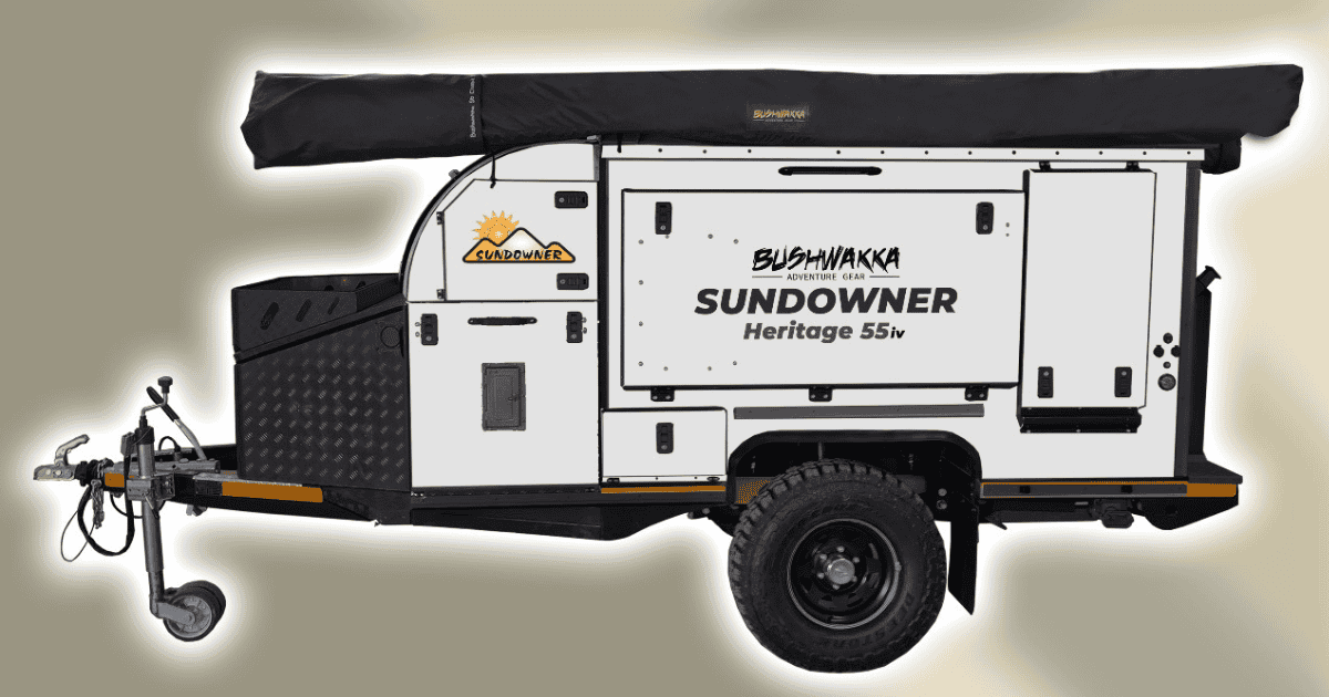 Sundowner Heritage 55iv off-road camper trailer in white with black accents for rugged outdoor adventures.
